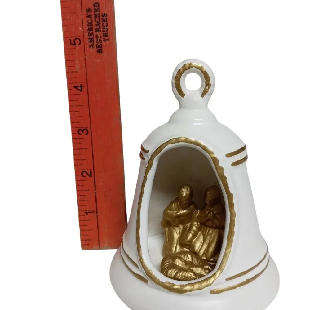 🔔⛪Vintage White Gold Nativity Bell Ornament 👼🏾👼🏼Baby Jesus Christmas Decor